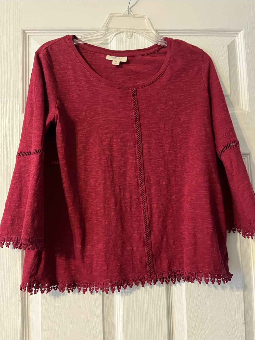 Style & Co. Burgundy Crochet-Trim Scoop Neck Long Sleeve Top
